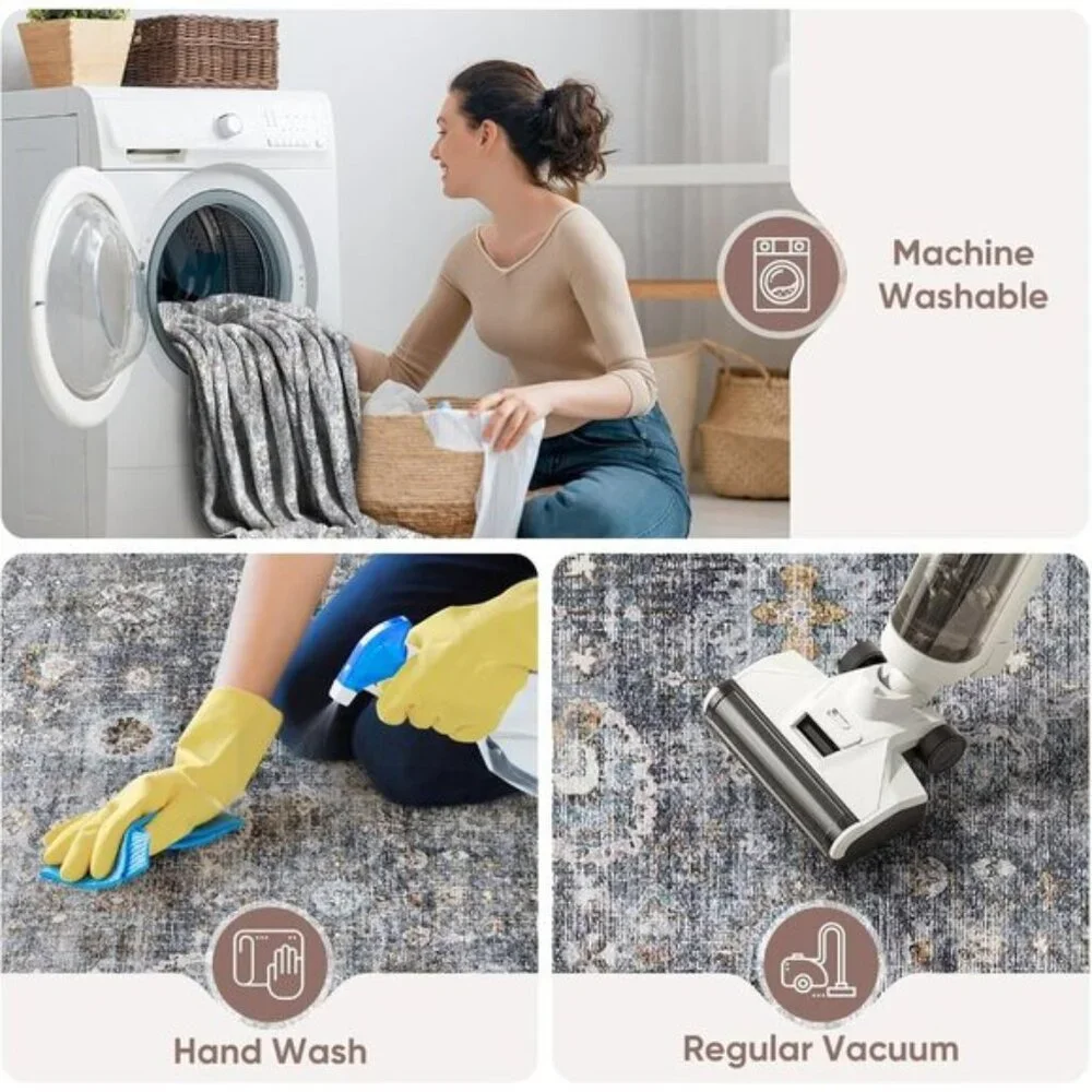 New 4ft Washable Grey Circular Rug, Non-Slip Low Pile Carpet for Bedroom & Dorm